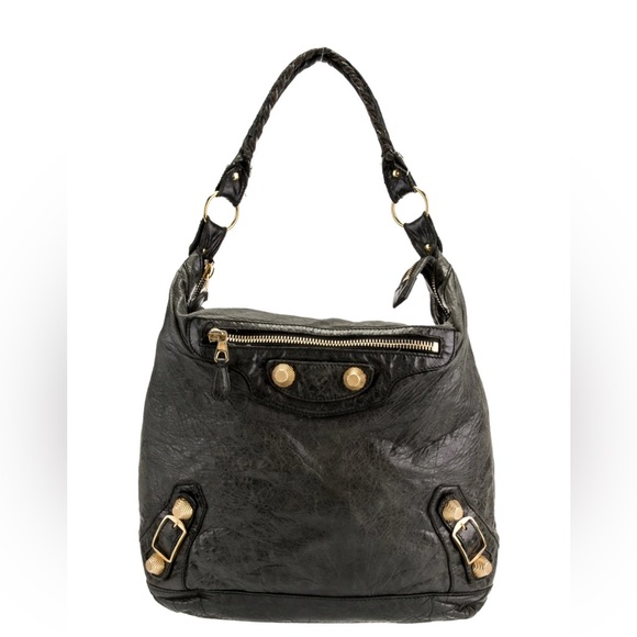 AUTH BALENCIAGA BLACK CHARCOAL LARGE HOBO GIANT GOLD STUD HARDWARE - Picture 1 of 5